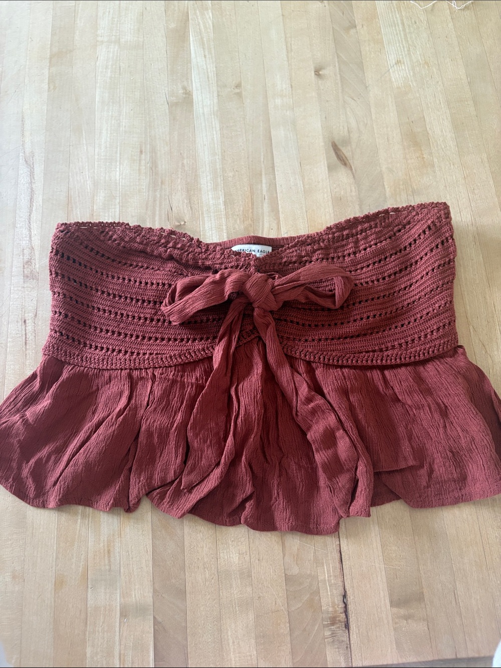 American Eagle Women's Size Small Rust Red Strapless Crochet Tie-Front Tube Top